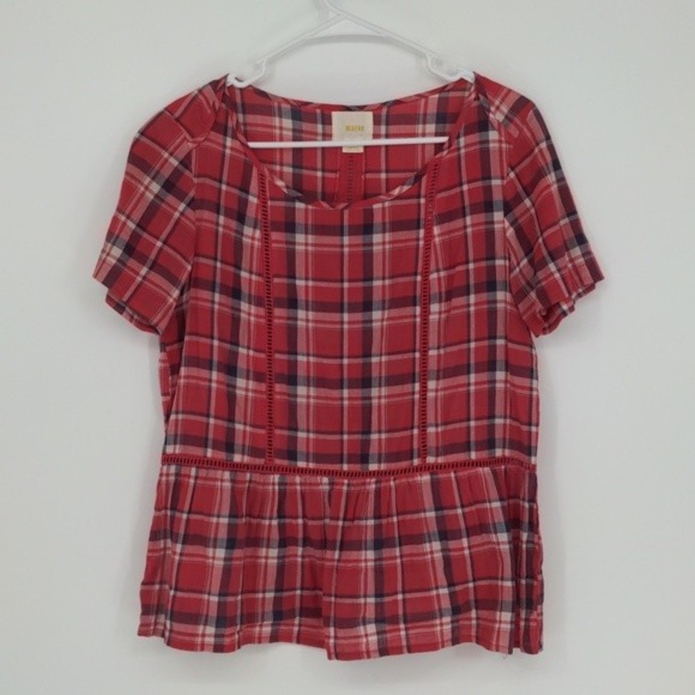 Maeve Red White Black Plaid Short Sleeve Peplum Blouse‎ Size Small